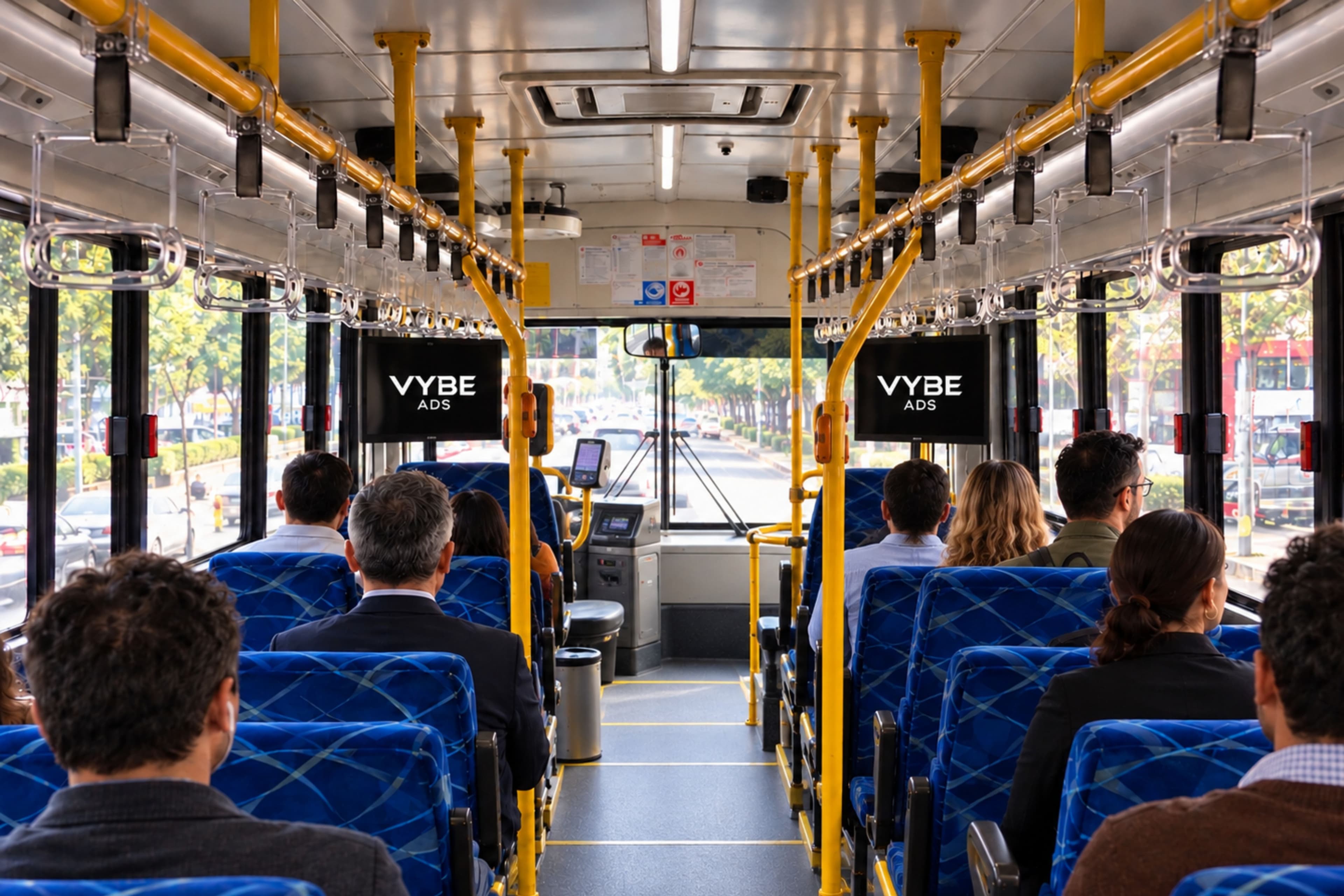 Vista a lo largo del pasillo de un autobús, con las pantallas de Vybe Ads al frente y los pasajeros mirando hacia ellas.