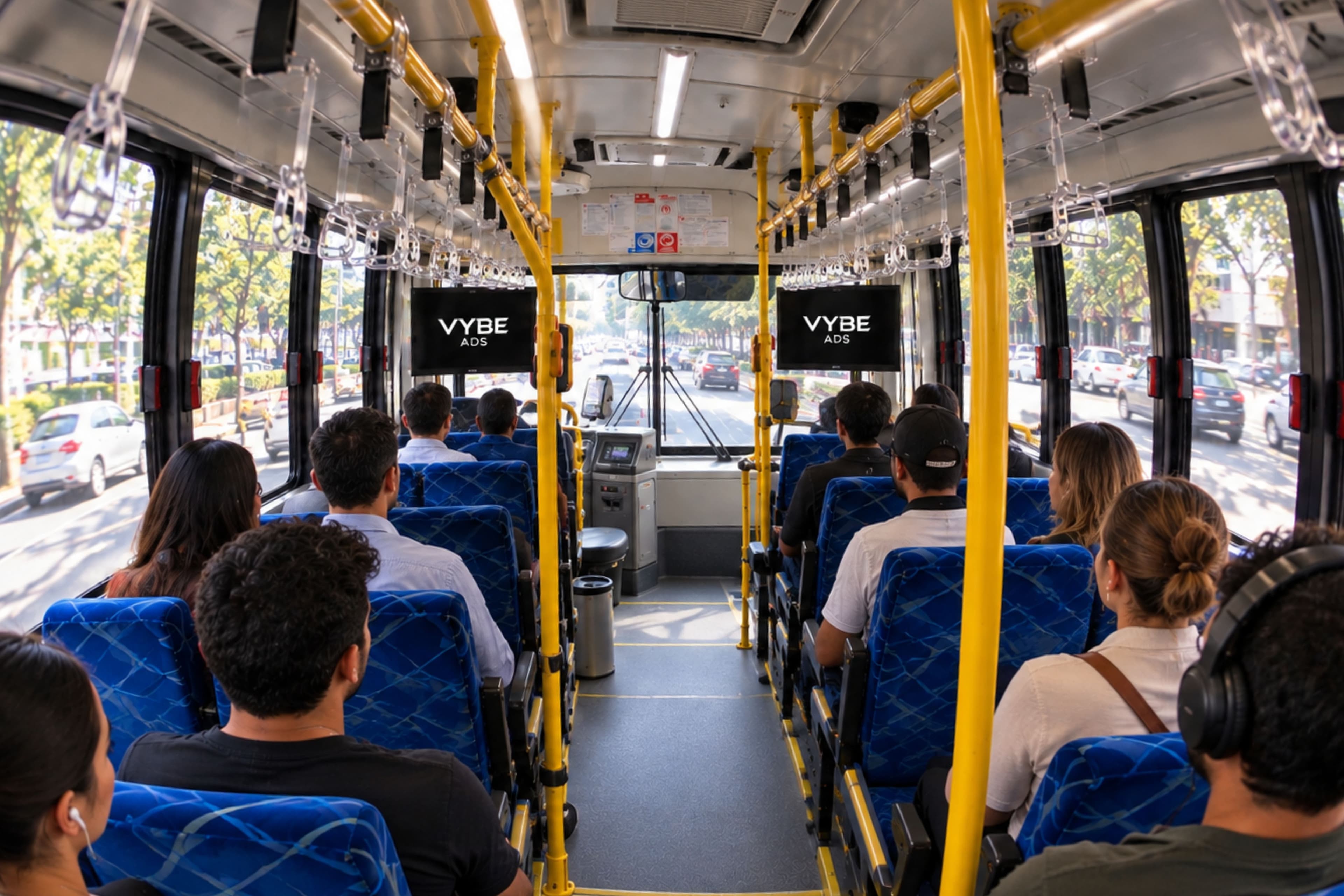 Pasajeros sentados en un autobús de la ciudad con las pantallas de Vybe Ads sobre el pasillo.